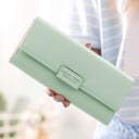 Dámská dlouhá peněženka s klopou a kovovým štítkem Elegantní peněženka z PU kůže s hladkým povrchem a prošitými okraji 19 x 9,5 cm 6