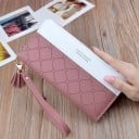 Dámská dlouhá peněženka z PU kůže a polyesteru Bílý pruh Prošívaný kosočtverečný vzor Střapec Poutko na zápěstí Zip 19,5 x 9,5 x 2,5 cm 3