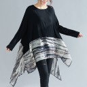 Dámská dlouhá volná blůza s dlouhým rukávem Černý horní díl a průsvitná spodní část s abstraktním vzorem Asymetrický cípatý lem Polyester 1