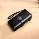 Damska długa portmonetka z metalowym zdobieniem Pasek z guzikiem w kształcie kwiatu Perforowany brzeg Uchwyt na nadgarstek Skóra PU 19 x 1