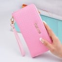 Damska długa portmonetka z sztucznej skóry z wzorem w romby Zamek błyskawiczny wzdłuż krawędzi Odpinany pasek na nadgarstek 19,5 x 10,5 x 3
