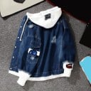 Dámská džínová bunda s bílou kapucí a manžetami Prodřený efekt Roztřepené rukávy Barevné nášivky Kapsy s klopou Polyester a bavlna 4