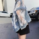 Dámska džínová bunda s priesvitnými časťami a kvetinovou výšivkou Sieťované rukávy a chrbát Rozstrapkané okraje Oversize strih Polyester 6