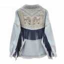 Dámská džínová bunda s třásněmi na zádech Ornamentální výšivka a ozdobné cvočky Volný střih Polyester s bavlnou a viskózou 2