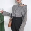 Dámska elegantná blúzka na večierky s jedným odhaleným ramenom Vysoký golier s prackou Drobny čierno-biely vzor Dlhé široké rukávy Polyester 2