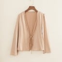 Dámska elegantná halenka s vázaním uprostred Hlboký výstrih do V Dlhé rozšírené rukávy Lesklý povrch Kratšia dĺžka Polyester 3