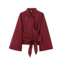 Dámska elegantná košela s límcom a dlhým rukávom Štýlové kimono s mašľou v páse Jednofarebná blúzka na gombíky z ľahkého polyesteru 16
