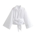Dámska elegantná košela s límcom a dlhým rukávom Štýlové kimono s mašľou v páse Jednofarebná blúzka na gombíky z ľahkého polyesteru 1