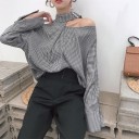 Dámská elegantní blůza na večírky s jedním odhaleným ramenem Vysoký límec s přezkou Drobný černobílý vzor Dlouhé široké rukávy Polyester 1