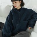 Dámská jarní a podzimní bunda na knoflíky Tmavě modrá Kulatý výstřih bez límce Dvě velké kapsy Volný střih Bavlna a polyester 4