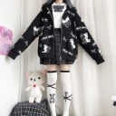 Dámská jarní a podzimní bunda s kapucí na zip Černá s bílým vzorem medvídků a nůžek Volný oversize střih Délka přes boky Polyester 3