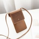 Dámská kabelka na telefon 20 x 11 cm Klopa s perforovaným vzorem Průhledné okénko na displej Dlouhý tenký popruh přes rameno 2