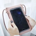 Dámská kabelka na telefon 20 x 11 cm Klopa s perforovaným vzorem Průhledné okénko na displej Dlouhý tenký popruh přes rameno 7