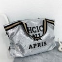 Dámská kabelka s flitry 45 x 35 x 10 cm Velká taška s nápisem Pruhovaná ucha Dlouhý popruh přes tělo s karabinkami 6