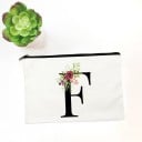 Dámská kosmetická taška s iniciálou a akvarelovými květy Bílé ploché pouzdro na zip z tkaniny Rozměr 14 x 22 cm Černý zip po celé šířce 6