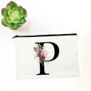 Dámská kosmetická taška s iniciálou a akvarelovými květy Bílé ploché pouzdro na zip z tkaniny Rozměr 14 x 22 cm Černý zip po celé šířce 16