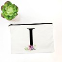 Damska kosmetyczka z inicjałem i akwarelowymi kwiatami Białe płaskie etui na zamek z tkaniny Rozmiar 14 x 22 cm Czarny zamek na całej szerokości 9