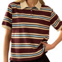 Damska koszulka polo w paski z kołnierzykiem Elegancka bawełniana koszulka polo z zapięciem na szyi Luźna koszulka w stylu retro 1