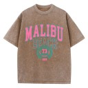 Damska koszulka z nadrukiem vintage MALIBU BEACH Luźny krój Letnia top w stylu streetwear Styl retro Ubranie codzienne Modny, sportowy design 5