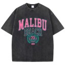 Damska koszulka z nadrukiem vintage MALIBU BEACH Luźny krój Letnia top w stylu streetwear Styl retro Ubranie codzienne Modny, sportowy design 1