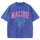 Damska koszulka z nadrukiem vintage MALIBU BEACH Luźny krój Letnia top w stylu streetwear Styl retro Ubranie codzienne Modny, sportowy design 2