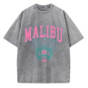 Damska koszulka z nadrukiem vintage MALIBU BEACH Luźny krój Letnia top w stylu streetwear Styl retro Ubranie codzienne Modny, sportowy design 4