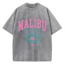Damska koszulka z nadrukiem vintage MALIBU BEACH Luźny krój Letnia top w stylu streetwear Styl retro Ubranie codzienne Modny, sportowy design 4