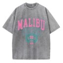 Damska koszulka z nadrukiem vintage MALIBU BEACH Luźny krój Letnia top w stylu streetwear Styl retro Ubranie codzienne Modny 4