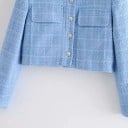 Dámská krátká bunda s tvídovým vzhledem Světle modrá s jemným kostkovaným vzorem Límec a stříbrné knoflíky Dlouhé rukávy Polyester 5
