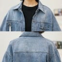 Dámska krátka džínová bunda voľného strihu Spustené ramená Košilový golier Náprsné vrecko na zips a vrecko s klopou Svetlomodrý bavlnený denim 3