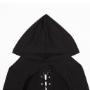 Dámská krátká gotická mikina s kapucí Šněrování na rukávech Visící popruhy s kovovými očky a karabinami Dlouhý rukáv Černá Polyester 4