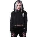 Dámska krátka mikina s kapucňou Čierna Biele potlač lebky s nápisom Sieťovaný lem a manžety Kovové krúžky na rukávoch Polyester a spandex 5