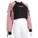 Dámská krátká mikina s kulatým průkrojkem Černý trup a růžové raglánové rukávy Ozdobné zipy a visící popruhy Polyester bavlna a spandex 5