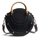 Dámska kulatá crossbody kabelka s pevným kovovým uchem Popruh na karabinkách Ozdobné prešívanie a nýty PU koža 17 x 16 x 8 cm 1