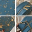 Dámská kulatá crossbody kabelka se zlatými motivy hvězd a měsíce Ozdobný řetízek se srdíčky Zlatý řetízkový popruh PU kůže 17 x 16 x 7 cm 5
