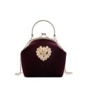 Dámská mini kabelka do ruky se sametovým vzhledem Kovový rám se zapínáním na kuličky Zlaté ozdobné srdce Řetízek Polyester 16 x 16 x 7 cm 5