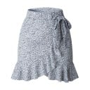 Dámska mini sukňa so zavinovacím predným dielom a vázaním na boku Asymetrický volánový lem Celoplošný potlač Ľahký polyester 1