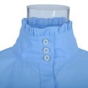 Dámska modrá blúzka s dlhými nadýchanými rukávmi Vysoký stojáčik s naberaným lemom Tri gombíky pri krku Rovný strih Bavlna a polyester 5