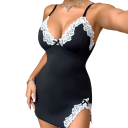 Damska nocna koszula z koronką i rozcięciem Elegancka jednokolorowa koszulka z dekoltem w kształcie V Nylon Spandex Elastyczna moda nocna 6