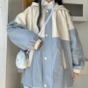 Dámská oversize bunda s kapucí Dvoubarevný design ve světle modré a krémové Zip a patentky Pružné manžety Polyester s bavlnou 2