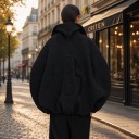 Dámska oversize bunda s vysokým golierom na zlatý zips s ozdobným jazdcom a sťahovacou šnúrou s balónovými rukávmi a výšivkou čierna 5