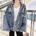 Dámská oversize džínová bunda s trhanými detaily Velký výřez na zádech Široké rukávy Vyšisovaný efekt Modrá Polyester s bavlnou a spandexem 2