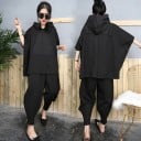 Dámská oversize souprava mikina s kapucí a tepláky Černá Široké netopýří rukávy Klokaní kapsa Knoflíky na bocích Volné kalhoty Polyester 2