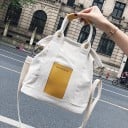 Dámská plátěná taška do ruky i přes rameno s krátkými uchy a odnímatelným širokým popruhem Barevná obdélníková nášivka 26 x 13 x 17 cm 7