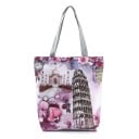 Dámska plátená taška s motívmi svetových pamiatok a kvetín Nákupná taška so sivými uchami Plátno a polyester 27 x 38 x 11 cm Ucha 27 cm 11