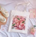Dámska plátnená taška s potlačou broskýň 35 x 40 cm Nákupná taška cez rameno s dlhými uchami Svetlý prírodný odtieň plátna Maľovaný ovocný motív 6