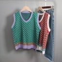 Damska pletena kamizelka bez rękawów z dekoltem w kształcie V Wpleciony wzór rombów Wzorzysty pas u dołu Żebrowane krawędzie Bawełna i akryl 3