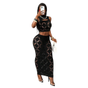 Dámská pletená souprava crop top bez rukávů s výřezem a dlouhá přiléhavá sukně ažurový vzor univerzální velikost nylon a elastan na párty 2