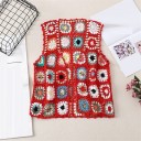 Dámska pletená vesta bez rukávov s farebnými háčkovanými štvorcami Červený prelamovaný vzor s kvetinovými motívmi Otvorený strih Akryl a nylon 1