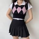 Dámská pletená vesta bez rukávů s kosočtvercovým vzorem Zkrácený střih Výstřih do V Žebrovaný spodní lem Směs polyesteru a bavlny 4